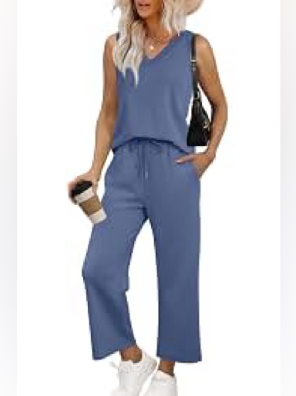 Amazon Sleeveless Tank & Cropped Wide-Leg Lounge Set in Dusty Blue
